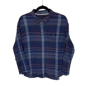 Prana Womens Fillary Blue Plaid Button Down 3/4 Bell Sleeve Shirt Organic Cotton